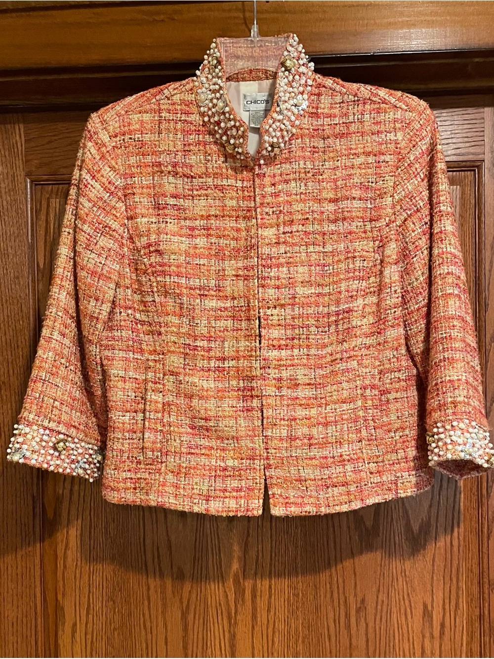 Chico’s boucle tweed boxy jacket, orange-pink, sequin & pearl trim, Chico's Sz 2